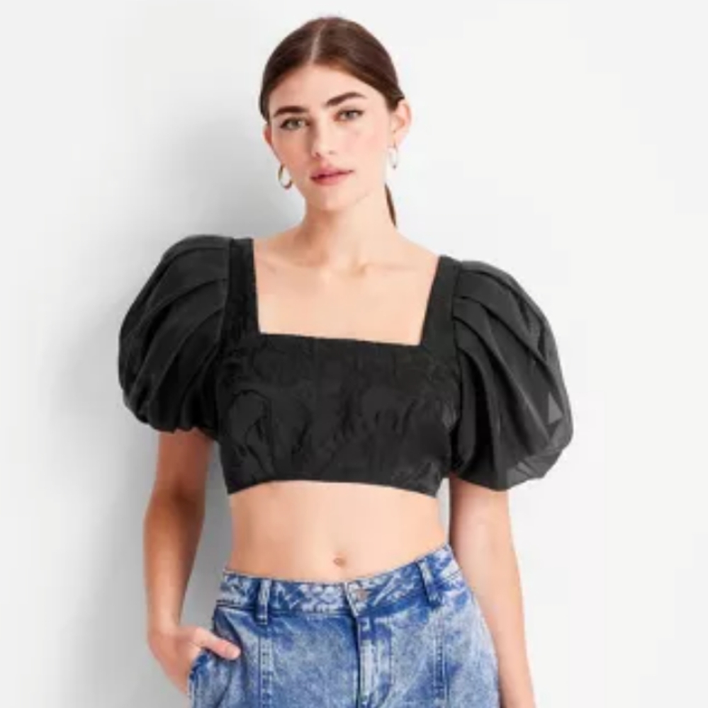 Women's Puff Short Sleeve Organza Cropped Blouse 